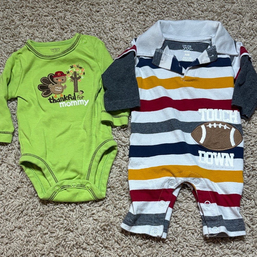 Striped Touchdown Baby Romper and Thankful for Mommy Thanksgiving onesie